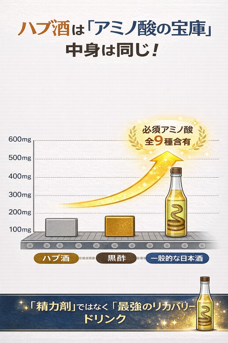 ハブ酒に含まれるアミノ酸量は黒酢や日本酒と比較して圧倒的に多く、疲労回復に効果的であることを示すグラフ。